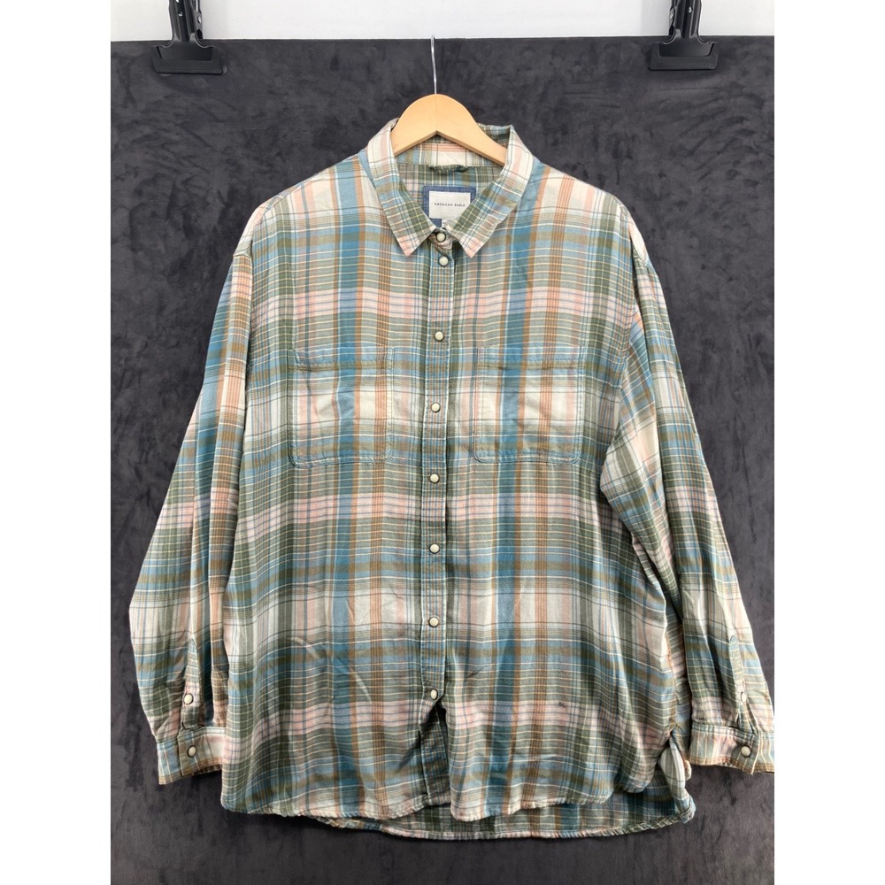 American Eagle Plaid Pearl Snap Shirt Large Blue Green Pink Long Sleeve Flannel